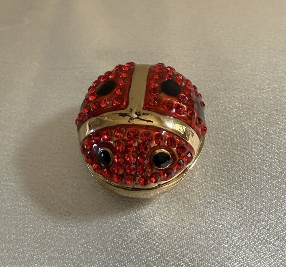 Jeweled Red Ladybug Hinged Metal Enamel Rhinestone Trinket Jewelry Box